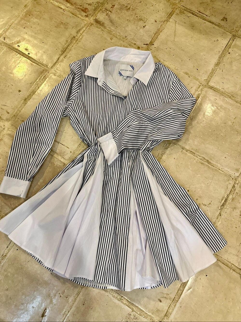 NWT Addison Bay Gable dress. White/navy striped cotton poplin button front dress